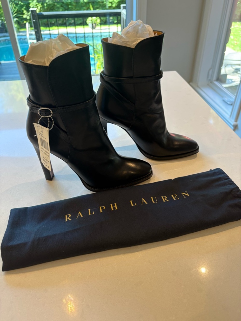 Ralph Lauren Black Leather Sculpted Heel Ankle Boots